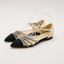 Slingback plates en tissus noir et cuir crème détails perles et CC