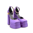 VERSACE – Platform ankle strap pumps – Purple satin & Medusa gold-tone hardware