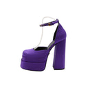 VERSACE – Platform ankle strap pumps – Purple satin & Medusa gold-tone hardware