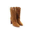 SAINT LAURENT – Bottes mi-mollet en daim marron à clous dorés