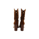 SAINT LAURENT – Brown Suede Mid-Calf Boots with Gold Studs