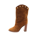 SAINT LAURENT – Brown Suede Mid-Calf Boots with Gold Studs