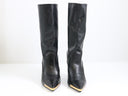 Black leather heeled boots with gold-tone hardware