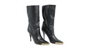 Black leather heeled boots with gold-tone hardware